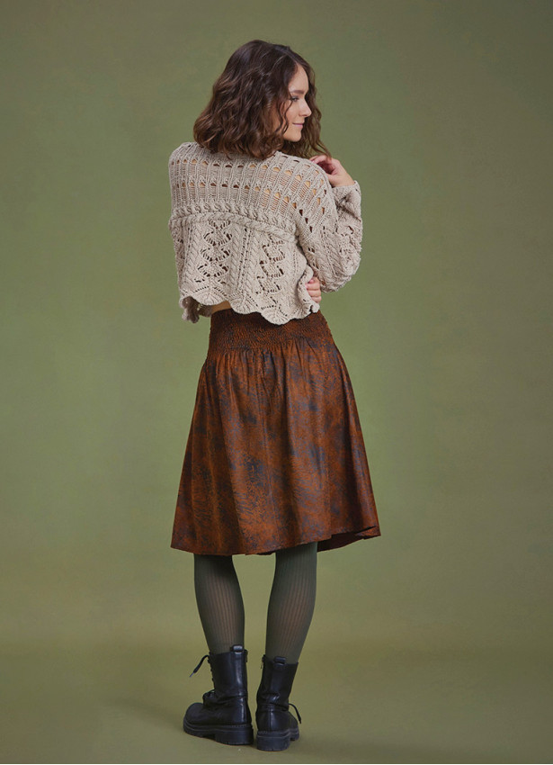 Flared Brown Patterned Suede Skirt