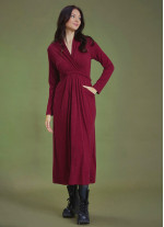 Front Yoke Detailed V Neckline Tie Waist Long Winter Dress