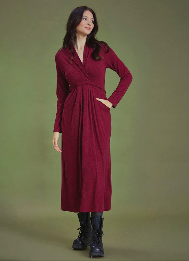 Front Yoke Detailed V Neckline Tie Waist Long Winter Dress