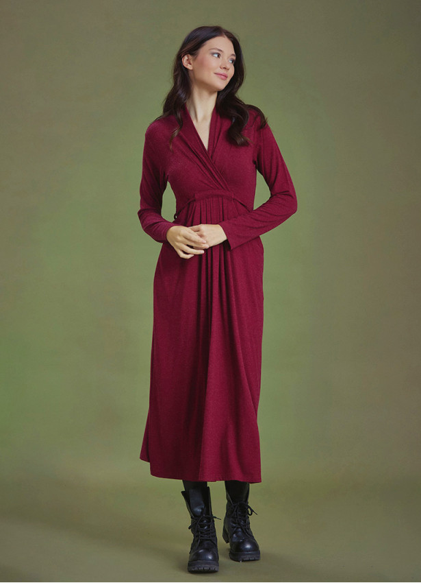 Front Yoke Detailed V Neckline Tie Waist Long Winter Dress