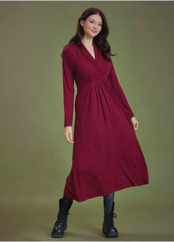 Front Yoke Detailed V Neckline Tie Waist Long Winter Dress