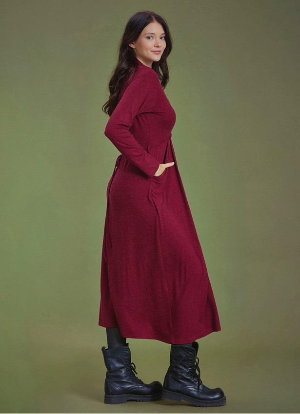 Front Yoke Detailed V Neckline Tie Waist Long Winter Dress