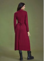 Front Yoke Detailed V Neckline Tie Waist Long Winter Dress