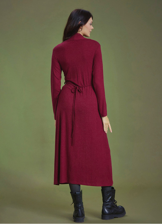 Front Yoke Detailed V Neckline Tie Waist Long Winter Dress