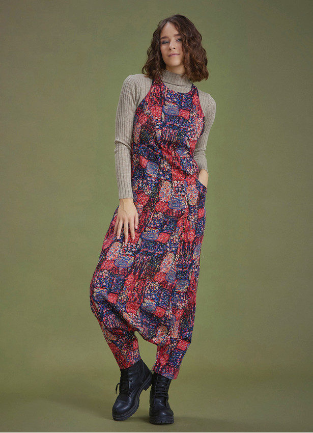 Halter Neck Red Printed Cotton Jumpsuit