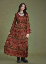 Boat Neck Black Pattern Gypsy Style Long Dress