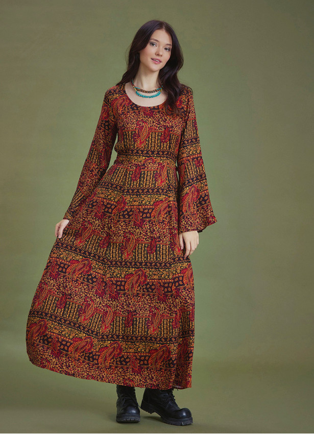 Boat Neck Black Pattern Gypsy Style Long Dress