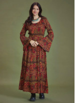 Boat Neck Black Pattern Gypsy Style Long Dress