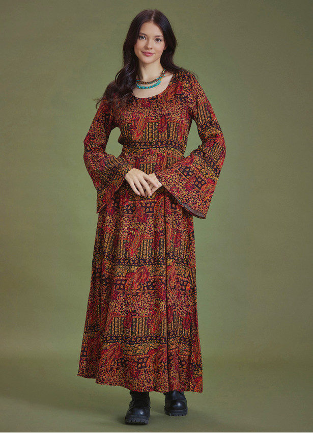 Boat Neck Black Pattern Gypsy Style Long Dress