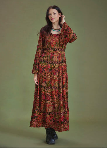 Boat Neck Black Pattern Gypsy Style Long Dress