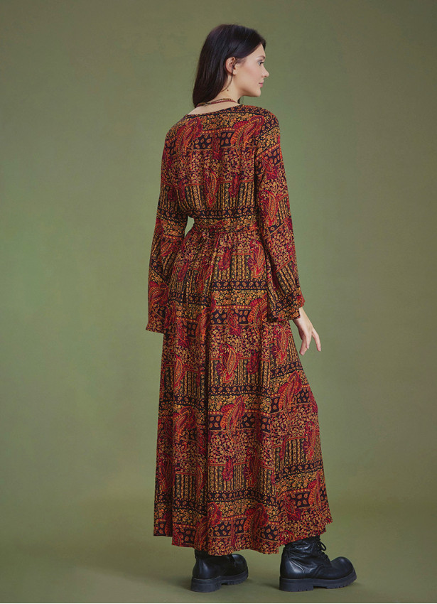 Boat Neck Black Pattern Gypsy Style Long Dress