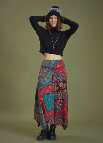 Black Printed Asymmetrical Hem Flared Midi Skirt