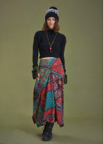 Black Printed Asymmetrical Hem Flared Midi Skirt