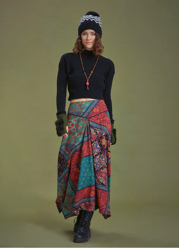 Black Printed Asymmetrical Hem Flared Midi Skirt