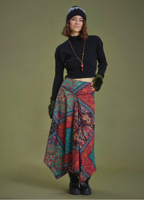 Black Printed Asymmetrical Hem Flared Midi Skirt