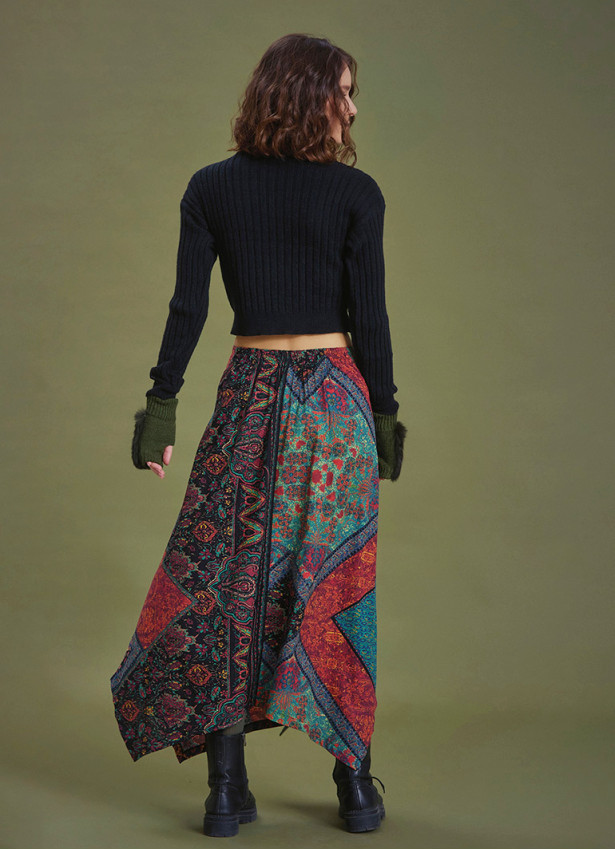 Black Printed Asymmetrical Hem Flared Midi Skirt