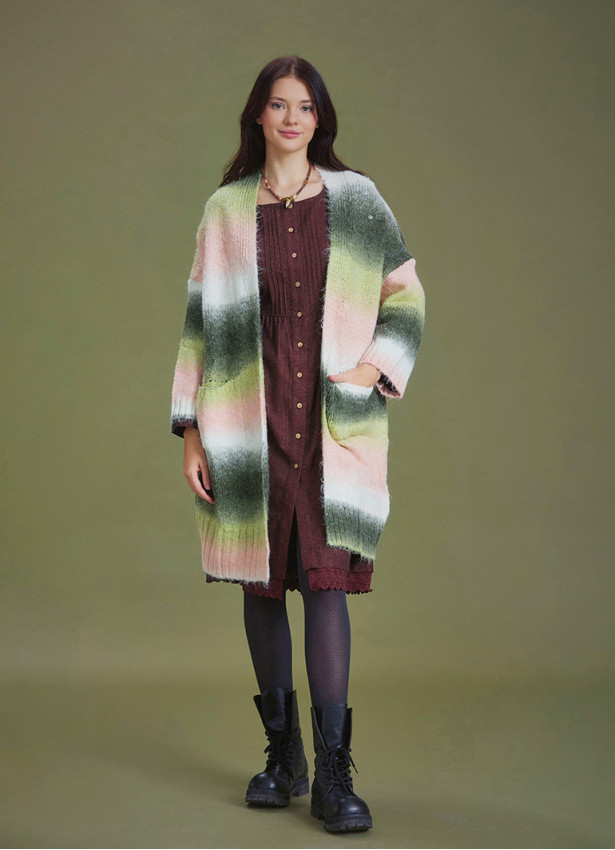 Khaki Kimono Style Winter Long Cardigan