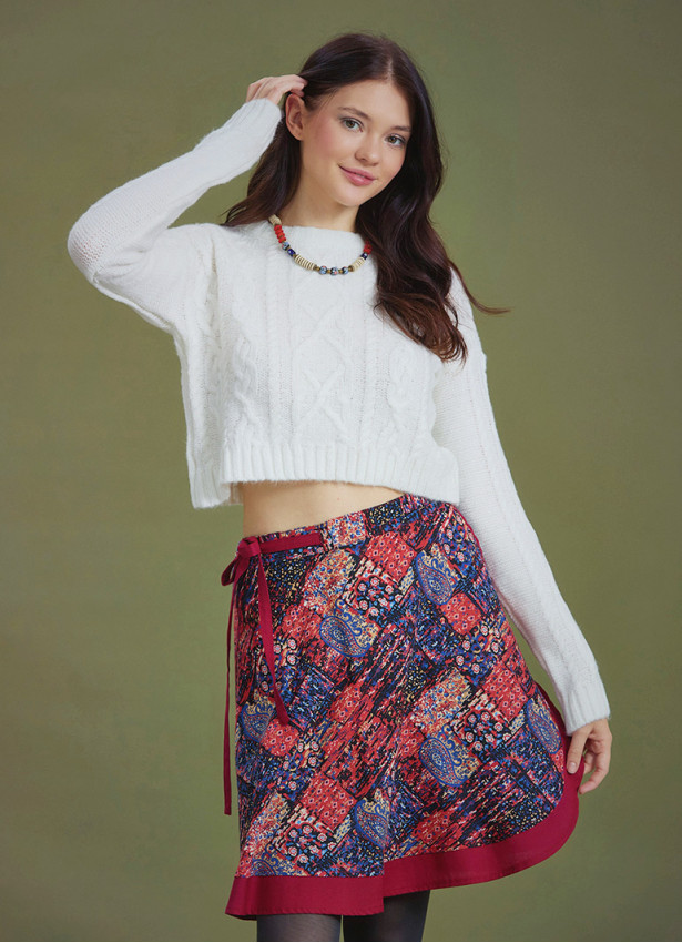 Red Patterned Short Wrap Skirt