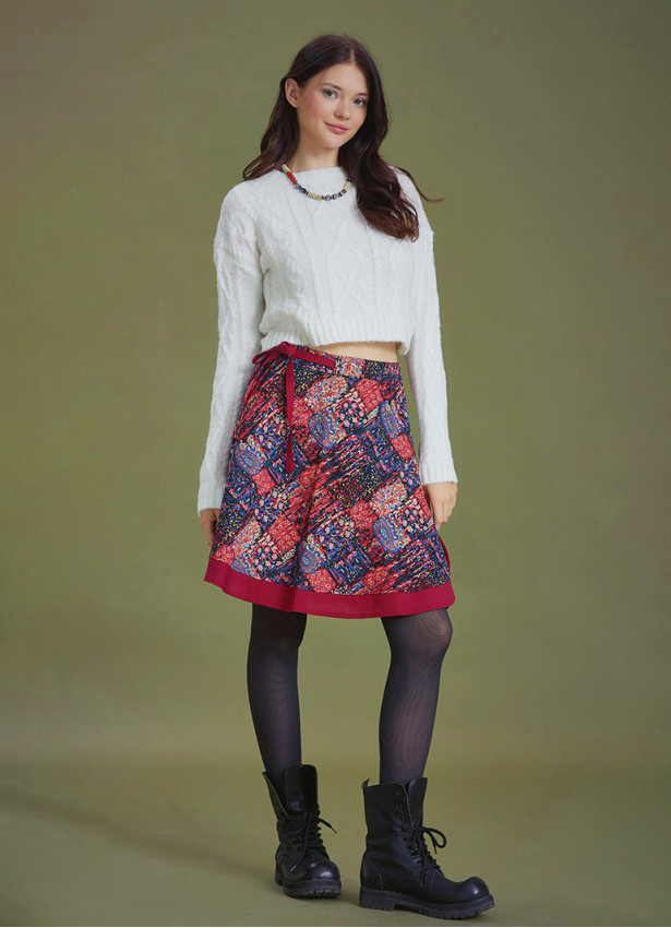 Red Patterned Short Wrap Skirt