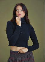 Zippered Turtleneck Black Women's Sweater