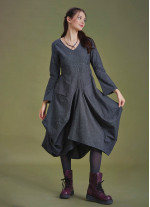 Boho Big Pockets Tie Waist V Neckline Gray Dress