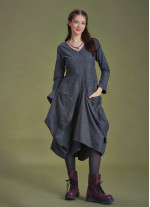 Boho Big Pockets Tie Waist V Neckline Gray Dress