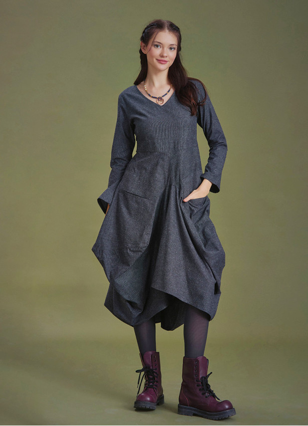 Boho Big Pockets Tie Waist V Neckline Gray Dress