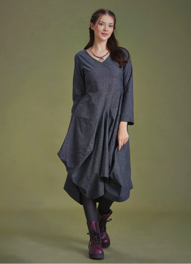 Boho Big Pockets Tie Waist V Neckline Gray Dress