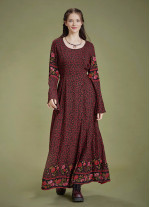 Boat Neck Black Floral Gypsy Style Long Dress