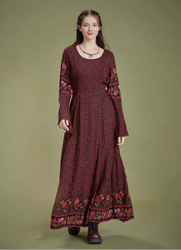 Boat Neck Black Floral Gypsy Style Long Dress