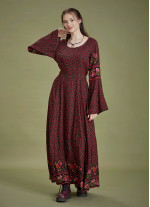 Boat Neck Black Floral Gypsy Style Long Dress