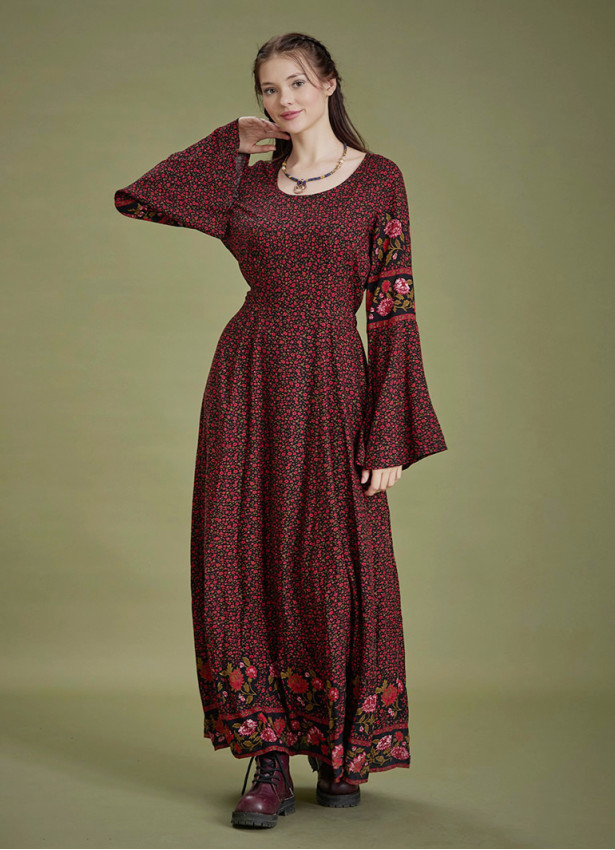 Boat Neck Black Floral Gypsy Style Long Dress