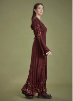 Boat Neck Black Floral Gypsy Style Long Dress