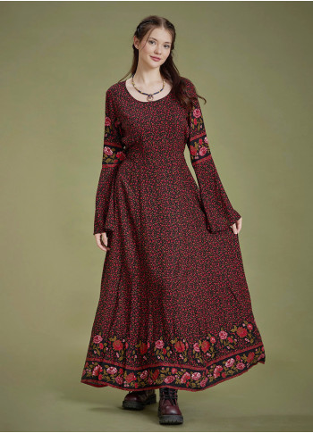 Boat Neck Black Floral Gypsy Style Long Dress