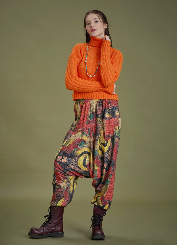 Elastic Waist Yellow Patterned Winter Harem Pants