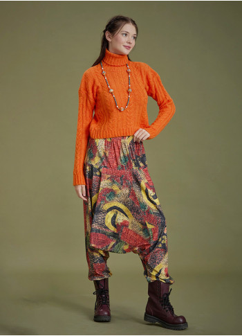 Elastic Waist Yellow Patterned Winter Harem Pants