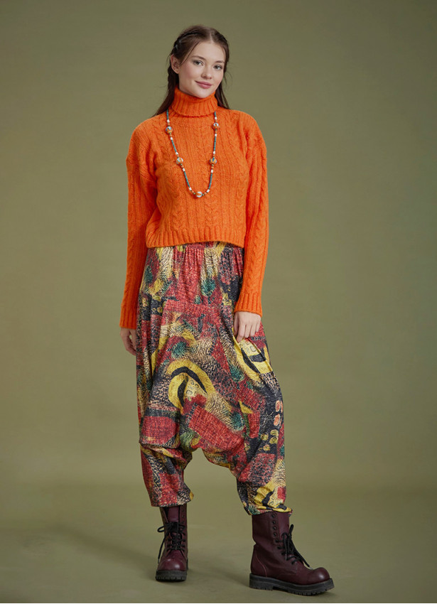 Elastic Waist Yellow Patterned Winter Harem Pants