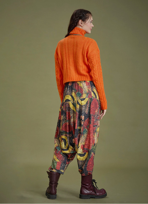 Elastic Waist Yellow Patterned Winter Harem Pants