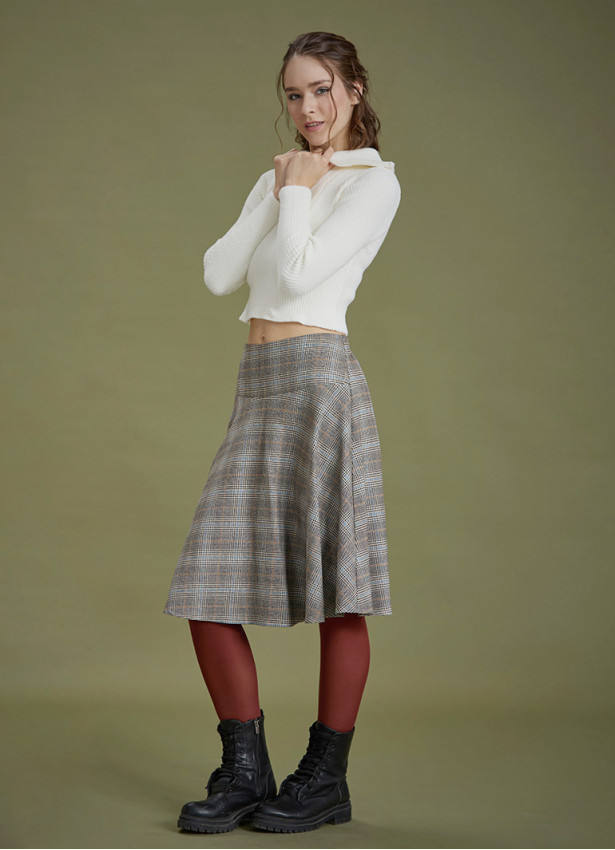 Flared Gray Plaid Houndstooth Skirt