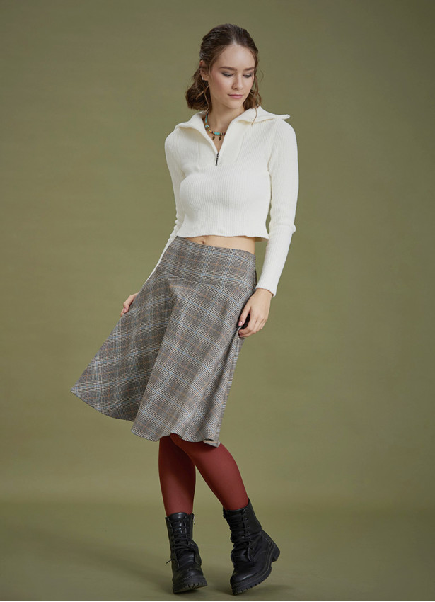 Flared Gray Plaid Houndstooth Skirt