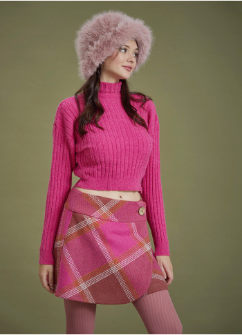 Oversized Button Wrapped Pink Patterned Mini Skirt