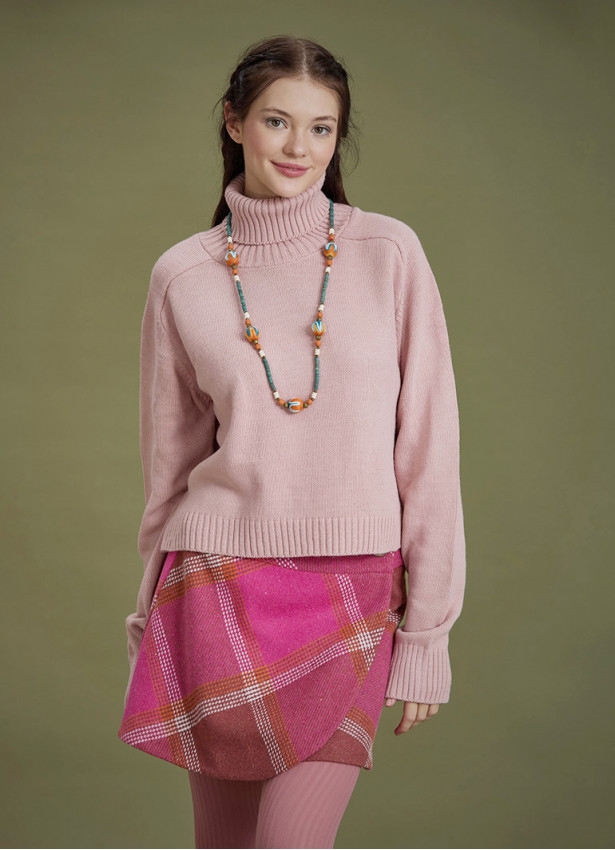 Bohemian Style Pink Turtleneck Women's Sweater