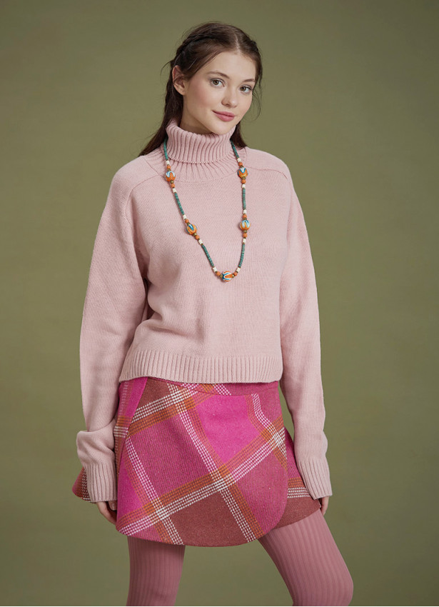 Bohemian Style Pink Turtleneck Women's Sweater