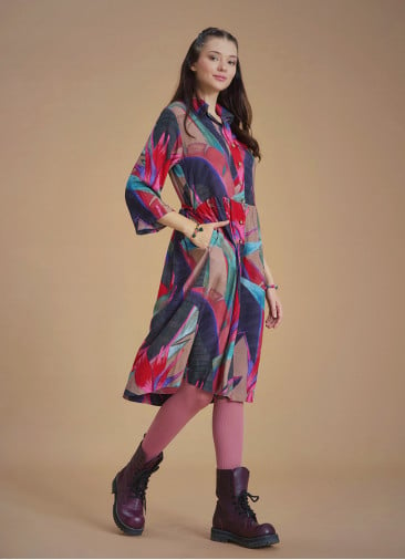 Red Patterned Paisley Winter Shirt Dress