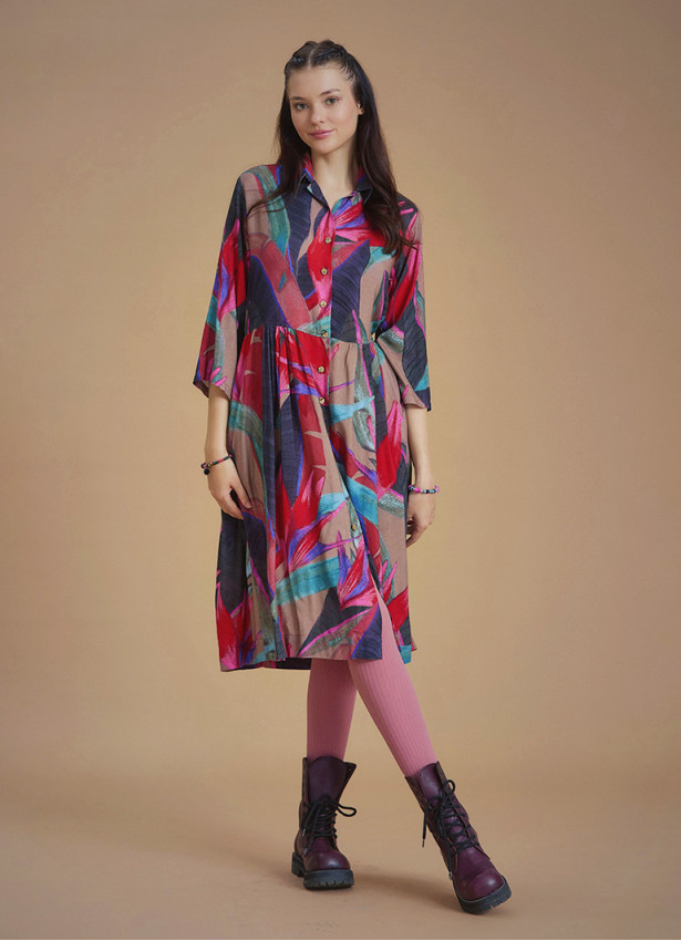 Red Patterned Paisley Winter Shirt Dress