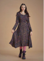 Patterned Asymmetrical Hem Button Down Long Sleeve Dress