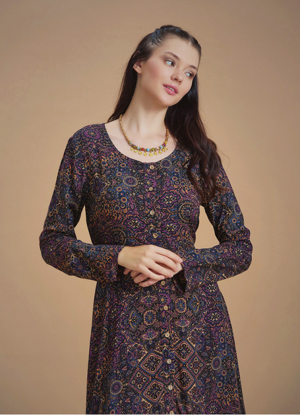 Patterned Asymmetrical Hem Button Down Long Sleeve Dress