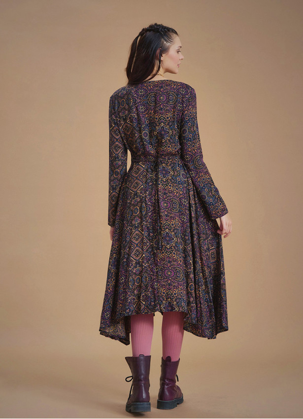 Patterned Asymmetrical Hem Button Down Long Sleeve Dress