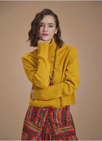 Bohemian Style Mustard Turtleneck Women's Sweater