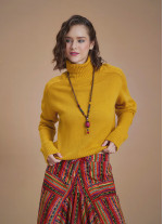 Bohemian Style Mustard Turtleneck Women's Sweater